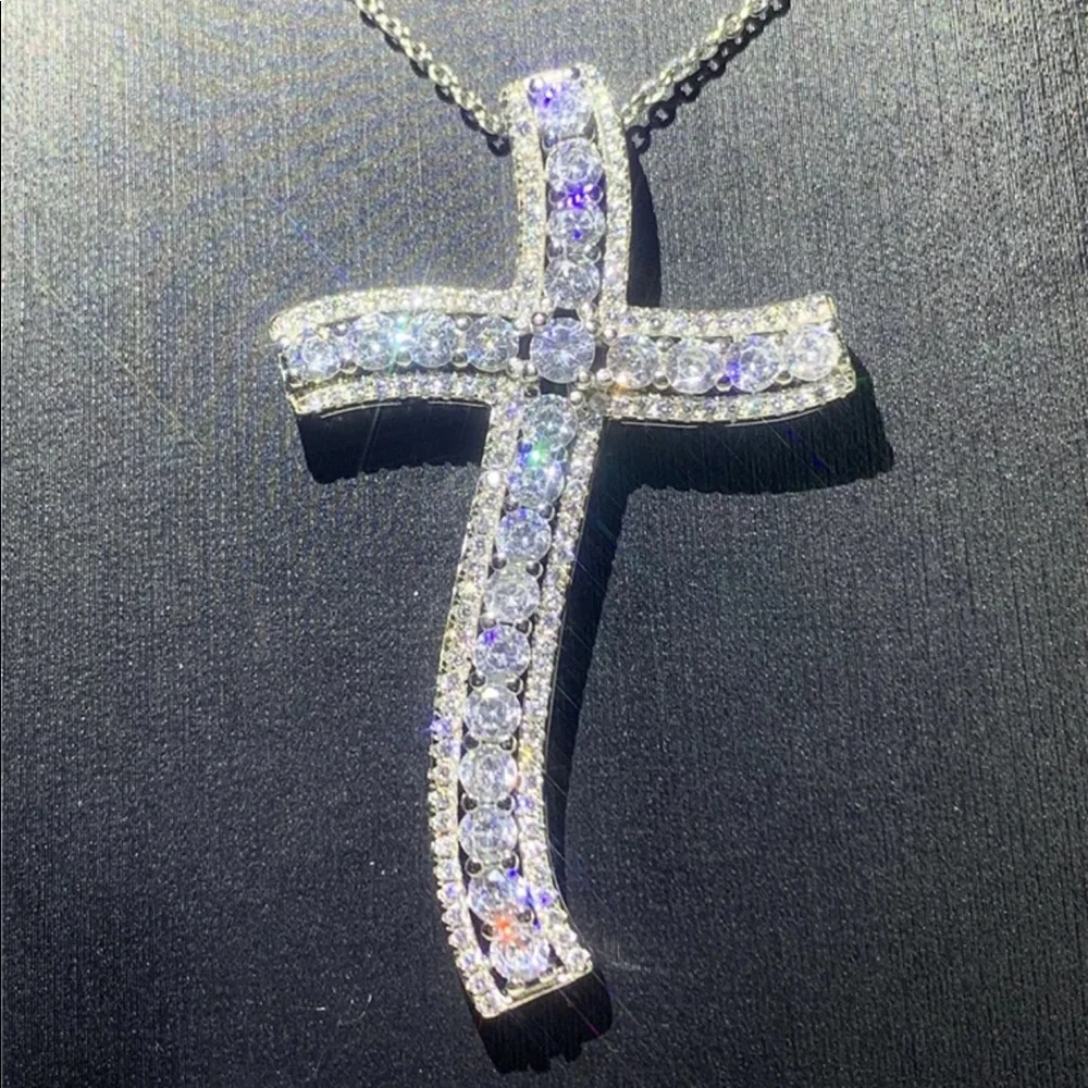New Men Women 925 Silver Big Diamond Pendant Cross Necklace - Picture 6 of 6